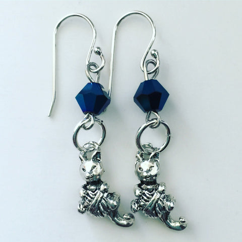 Cat and Yarn Blue  Earrings with Blue Swarovski Crystal - SamandNan