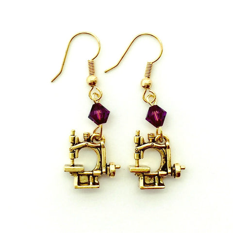 Hand Crank Sewing Machine Gold Earrings with Purple Swarovski Crystals.