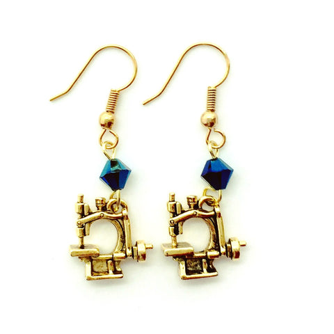Hand Crank Sewing Machine Gold Earrings with Blue Swarovski Crystals.