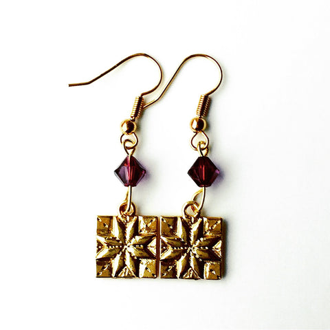 ____ Quilt Patch Gold Earrings with Purple Swarovski Crystals