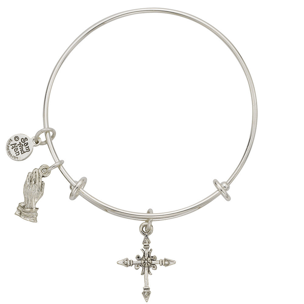 Greek Cross Praying Hands Silver Charm Bangle Bracelet B849071S