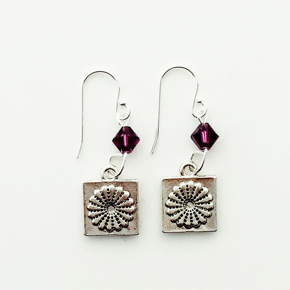 Dresden Quilt Patch Silver Earrings with Purple Swarovski Crystals.