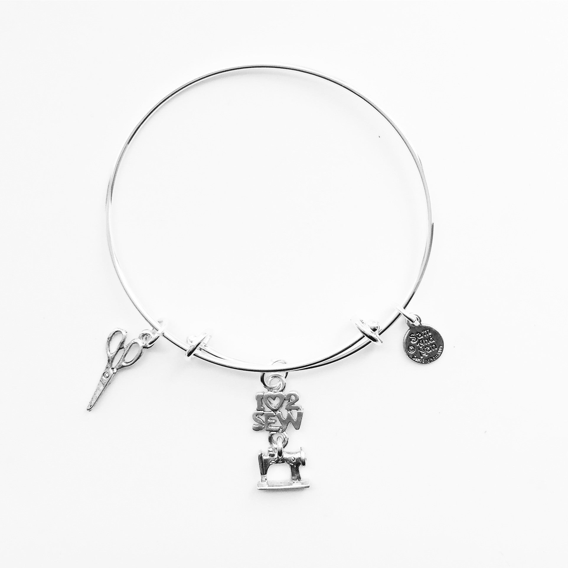 I Love 2 Sew Scissor Charm Silver Bangle Bracelet