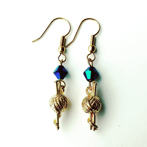 ____ Ball of Thread Gold Earrings with Blue Swarovski Crystals