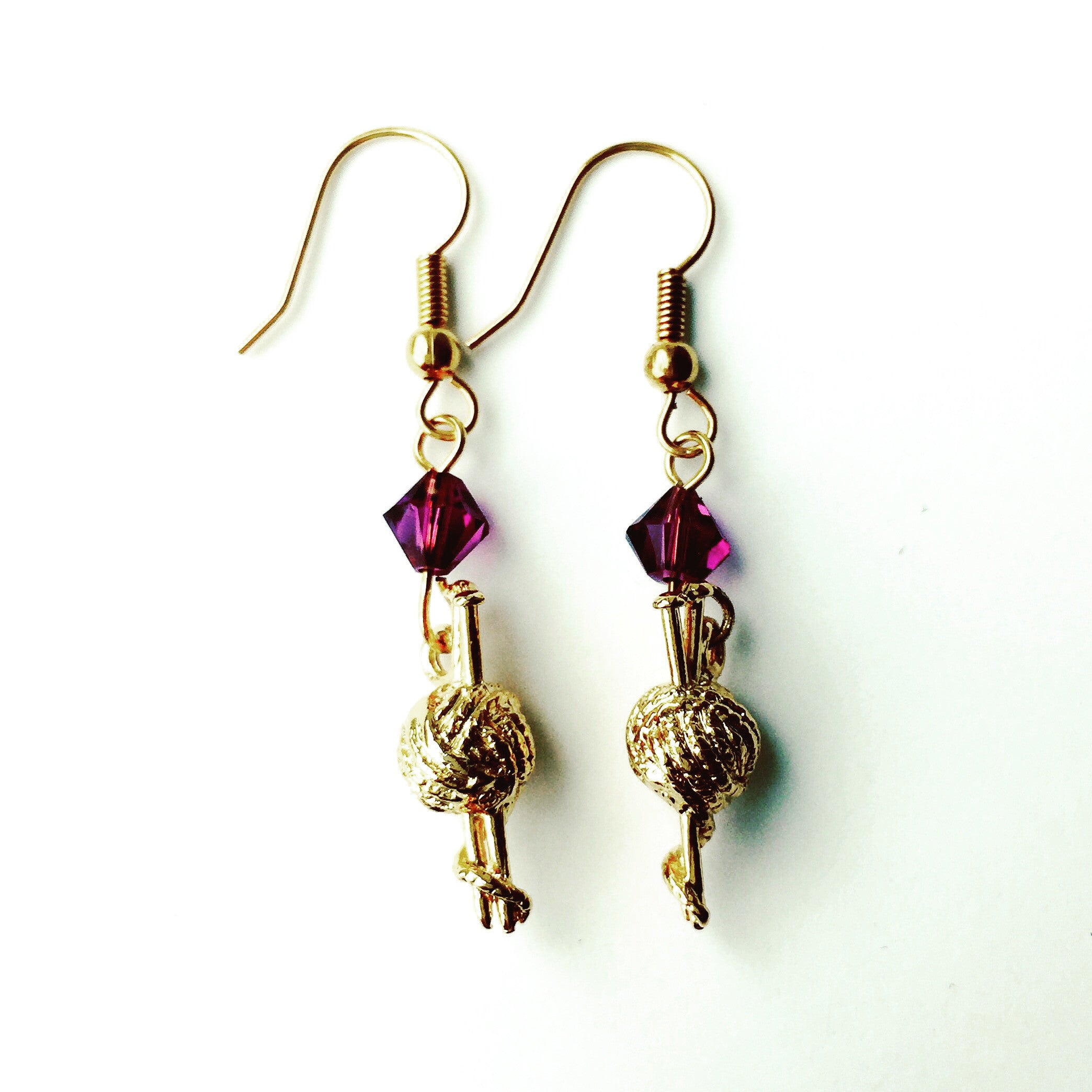 ____ Ball of Thread Gold Earrings with Purple Swarovski Crystals