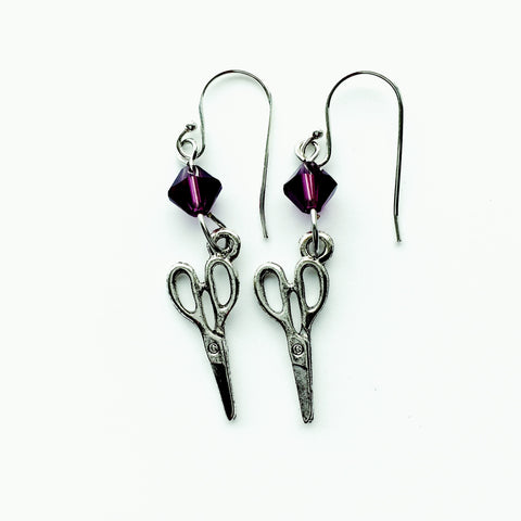 ____ Craft Scissors Silver Earrings with Purple Swarovski Crystals
