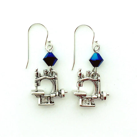 Hand Crank Sewing Machine Silver Earrings with Blue Swarovski Crystals.