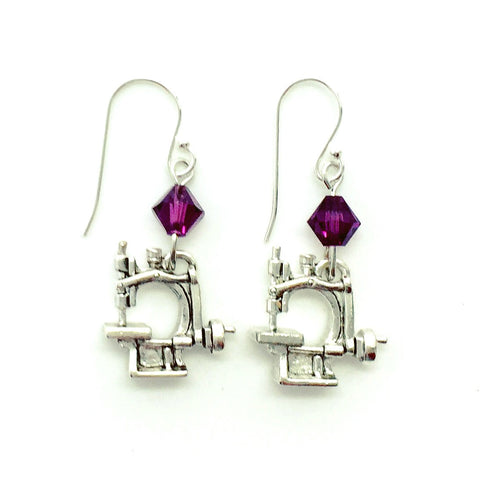 Hand Crank Sewing Machine Silver Earrings with Purple Swarovski Crystals.