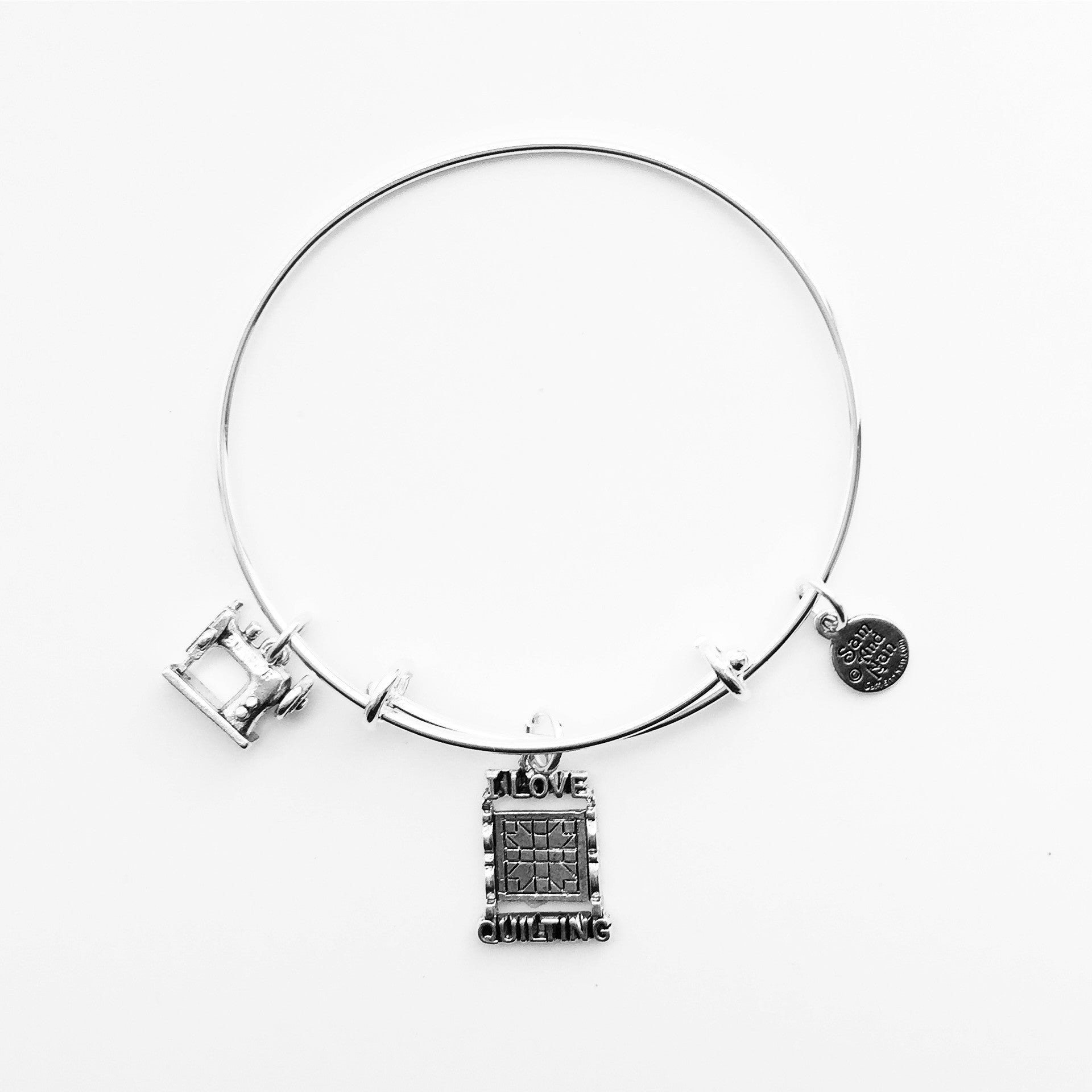 I Love Quilting and Sewing Machine Silver Bangle Bracelet
