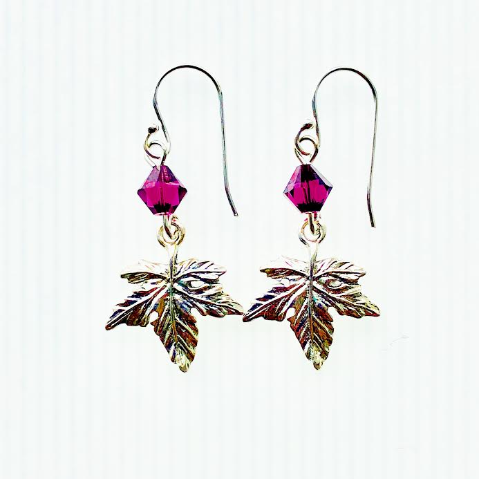 Maple Leaf Vermont Earrings with Purple Swarovski Crystals