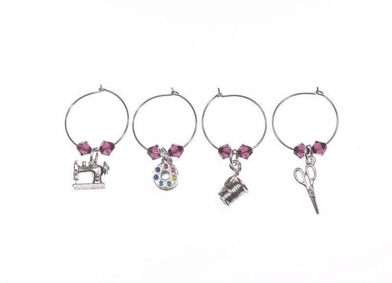 Quilt Wine Charms and Scissor Fobs with Purple Swarovski Crystals