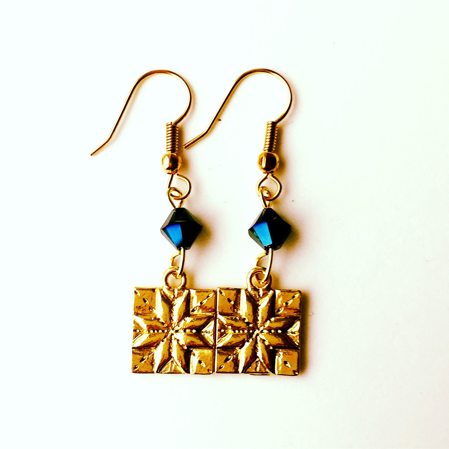 ____ Quilt Patch Gold Earrings with Blue Swarovski Crystals
