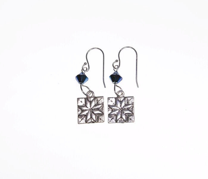 Quilt Patch Silver Earrings with Blue Swarovski Crystals