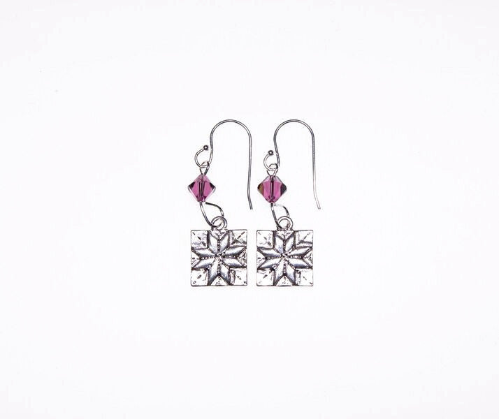 Quilt Patch Silver Earrings with Purple Swarovski Crystals