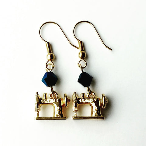 Sewing Machine Gold Earrings with Blue Swarovski Crystals