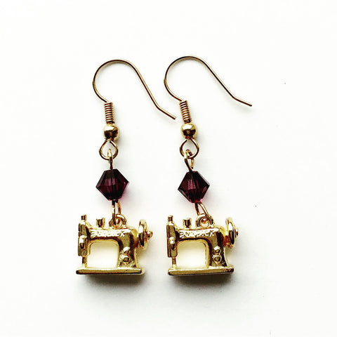 Sewing Machine Gold Earrings with Purple Swarovski Crystals