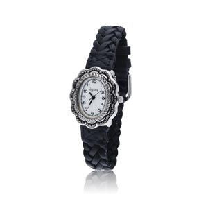 Silver Scalloped Southwestern Designed Watch with a Black Braided Leather Band and a Silver Buckle. - SamandNan