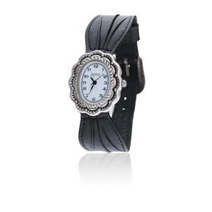 Silver Scalloped Southwestern Designed Watch with a Black Bow Leather Band and a Silver Buckle. - SamandNan